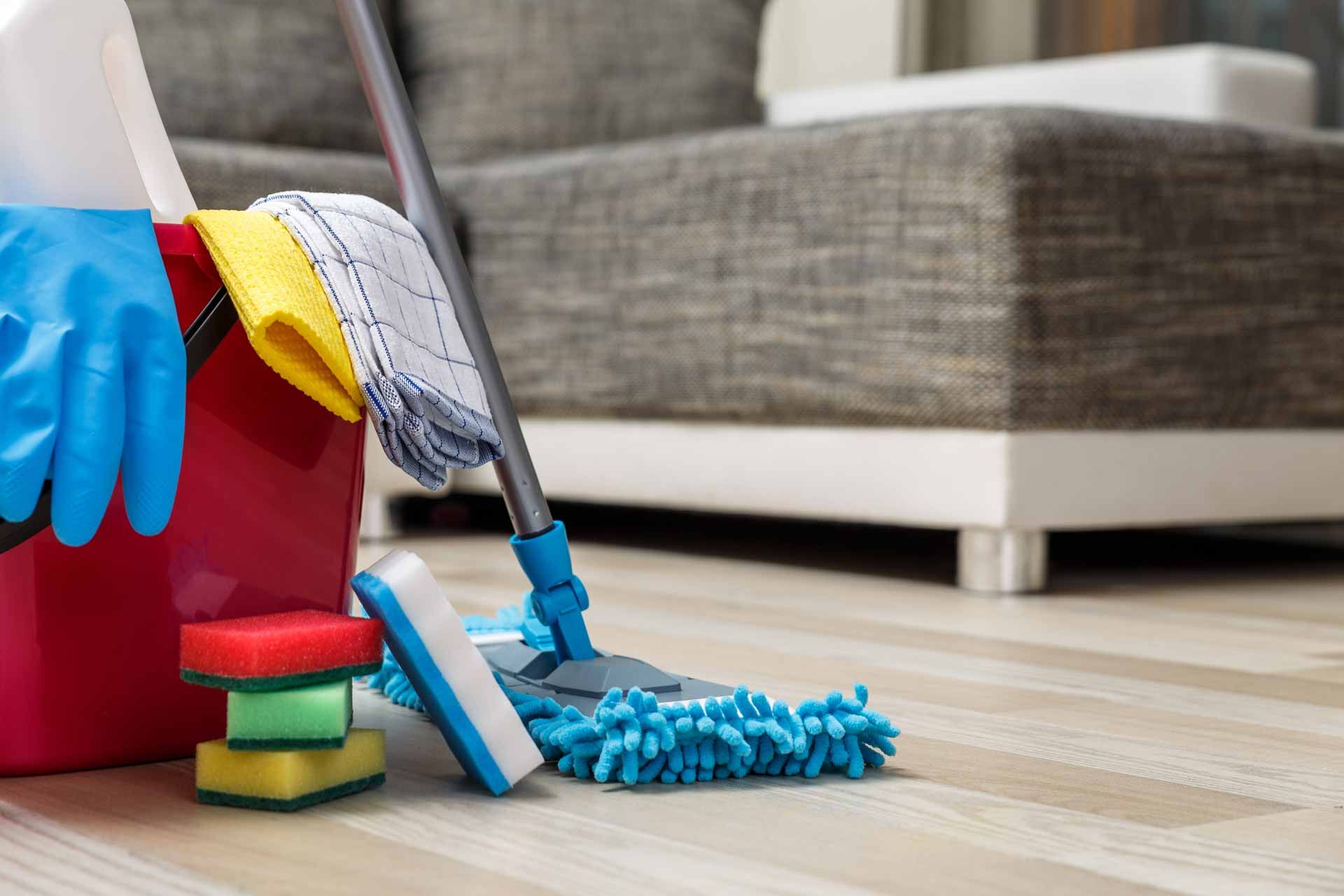 A mop, bucket, sponges, and other cleaning supplies on the floor in front of a couch