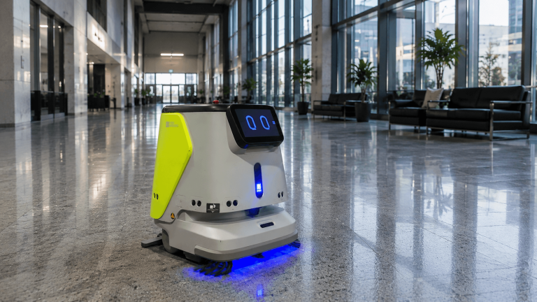 Autonomous floor scrubber cleaning a large commercial facility to lower janitorial labor costs